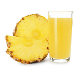 Canvas Print - Glass with pineapple juice and pieces of fresh fruit isolated on white