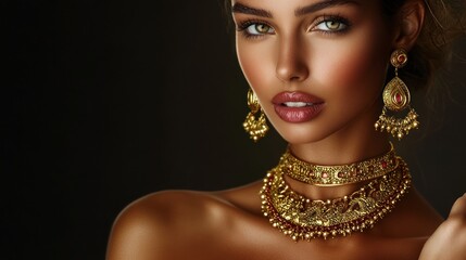 A close-up portrait of a woman adorned with intricate gold jewelry and elegant makeup.