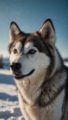 A majestic husky in a snowy landscape under a clear blue sky.