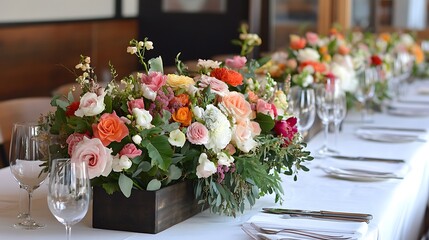 A long, elegant dining table is set with white linens and floral centerpieces in a rustic wooden box.