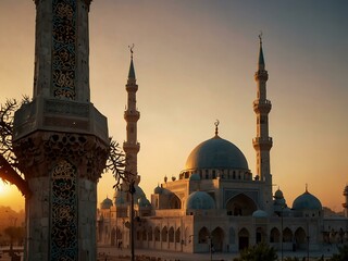 A mosque at sunset with intricate designs and minarets, symbolizing spirituality.