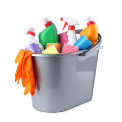 Poster - Bucket with different toilet cleaners, sponges, trash bags and gloves isolated on white