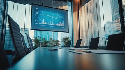 Wall Mural - empty conference room displaying financial data on a digital screen