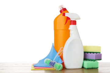 Poster - Different toilet cleaners, sponges and napkins on wooden table against white background