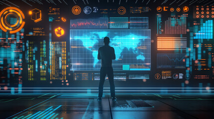 man standing in front of a futuristic data screen