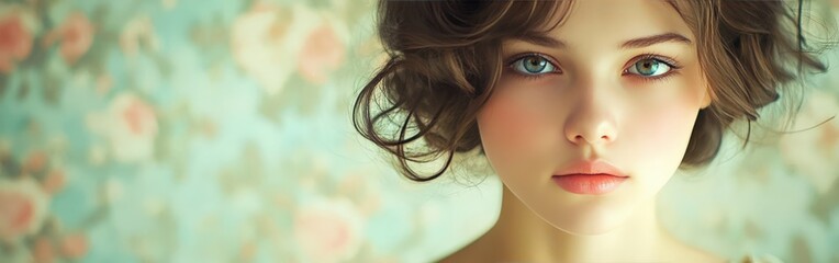 Vintage style portrait of a girl with floral background and soft lighting