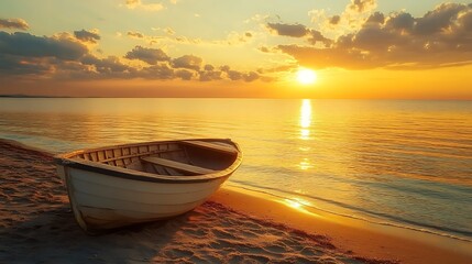 Wall Mural - A small white boat sits on a sandy beach at sunrise, with the sun reflecting off the calm water.