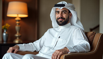 a man in an arabic outfit sitting on a chair in a living room, ceo, corporate portrait, saudi man sitting, Portrait of an attractive arab man. 