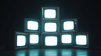 A stack of vintage televisions with glowing screens in a dark setting.