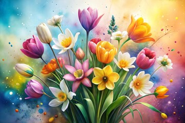 Wall Mural - Vibrant spring flower bouquet with tulips daffodils and more