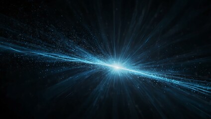 Abstract blue light rays and particles expanding in darkness.