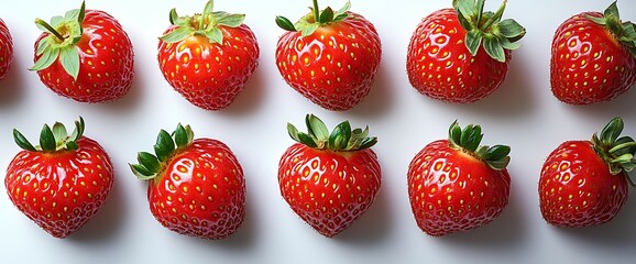 Wall Mural - Fresh, red strawberries arranged in a row on a white background.