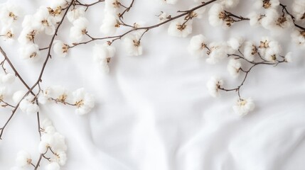 White cotton fabric with fluffy flowers on a tree branch, top view. Ample space for text.