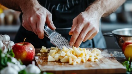 preparing a dessert of apples. Using a grater in his hands, the chef grinds a fresh apple on a kitchen board.