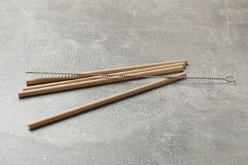 Poster - Bamboo drinking straws and cleaning brush on gray textured table