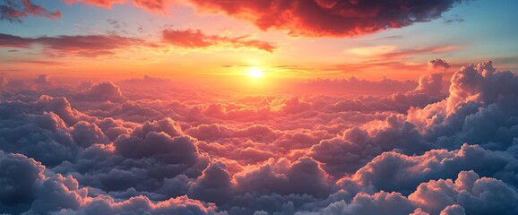 Sticker - Stunning sunset view from above the clouds with vibrant hues of orange, red, and pink.