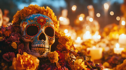 Wall Mural - Day of the Dead Sugar Skull and Ofrenda Amidst Flowers and Lights