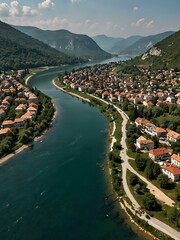 Aerial view of Foca, Bosnia, featuring the Drina River.