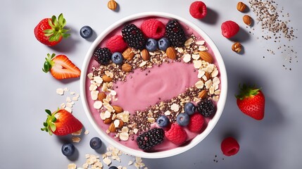 Wall Mural - Pink smoothie bowl topped with berries, almonds, chia seeds and oats.