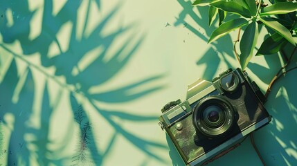 Poster - World Photography Day camera isolated on a green background