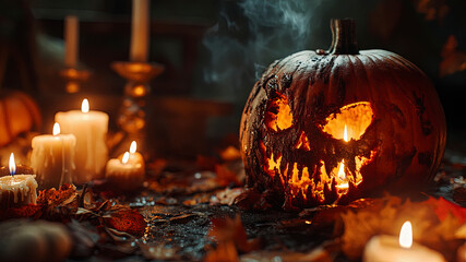 halloween scene, scary pumpkin, candles in the dark, halloween pumpkin