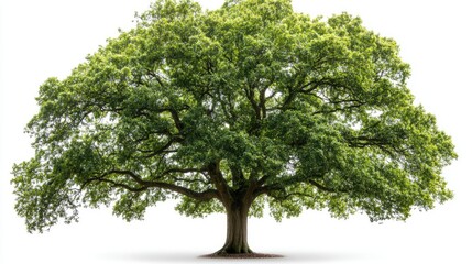 A large, lush green tree with a wide canopy stands majestically against a white background, symbolizing nature and growth.