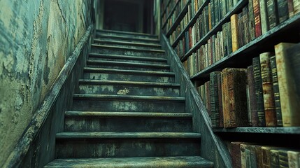 Poster - Vintage Wooden Staircase Leading to a Mysterious Library