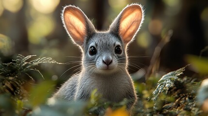 Wall Mural - Adorable Rabbit with Big Ears in the Forest