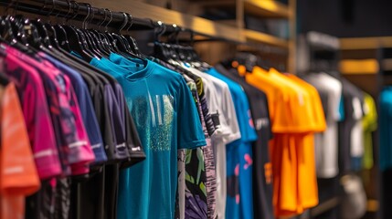 Vibrant Display of Men's Sports T-Shirts in an Athletic Wear Store. AI generated illustration