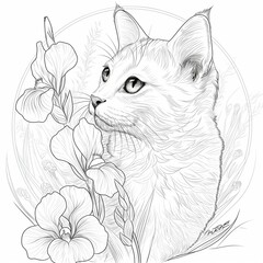 Portrait of a cat with flowers, line art drawing for coloring book