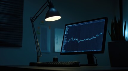 Wall Mural - Computer monitor showing stock market data with graph at night in office