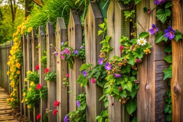 Wall Mural - Flowers in full bloom growing through wooden fence