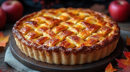 Apple pie decorated with lattice overhead shot, fall baking concept