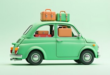 Small and cute green retro trip car on white background
