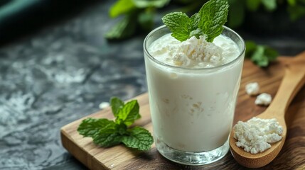 close-up of a glass of white kefir that has been enhanced with mint leaves. A wooden spoonful of kefir ferments on the cutting board.
