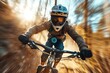 © Benjamin - Cyclist riding downhill on mountain bike wearing helmet and goggles