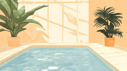 Wall Mural - Illustration of a swimming pool against a light beige wall and sun reflection