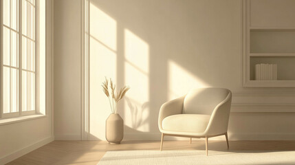 A light beige armchair against a beige wall and sun light coming in