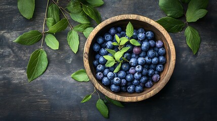 A wooden bowl filled with fresh blueberries and green leaves on a dark surface.