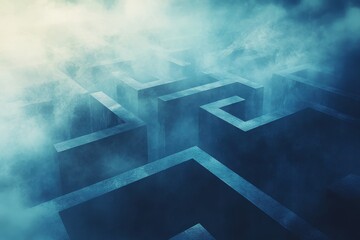 Foggy Maze With Concrete Walls And Pathways