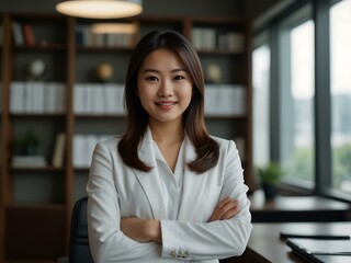 Wall Mural - Asian woman in white attire, confident in office.