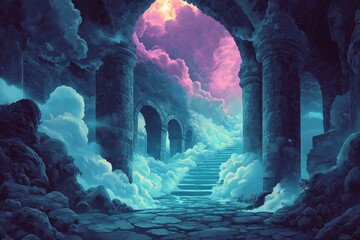 Wall Mural - Stone Archway Leading to a Cloud-Filled Sky