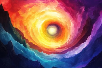 Wall Mural - Abstract Painting of a Swirling Yellow and Orange Circle in a Multicolored Sky