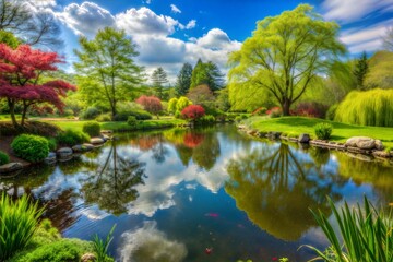 Wall Mural - Scenic pond surrounded by greenery and vibrant trees reflecting the sky