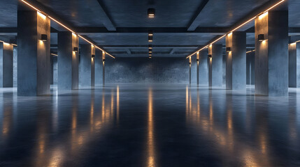 Wall Mural - 3D Rendering of Concrete Columns and Ceiling with Lights Reflecting on Floor