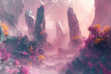 Wall Mural - Crystal Mountains and Pink Blossoms in a Dreamlike Landscape