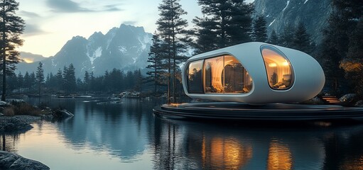 Futuristic home with panoramic windows overlooking a tranquil mountain lake.