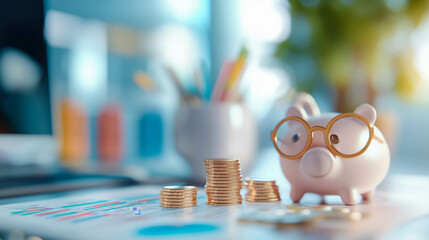 Piggy bank with coins and financial charts