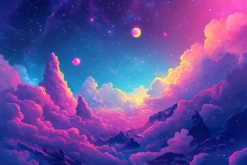 Wall Mural - A Dreamy, Starry Night Sky Above Pink and Blue Clouds and Mountains