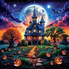 A spooky mansion surrounded by pumpkins and a vibrant full moon, set against a colorful twilight sky, evokes Halloween magic and mystery.